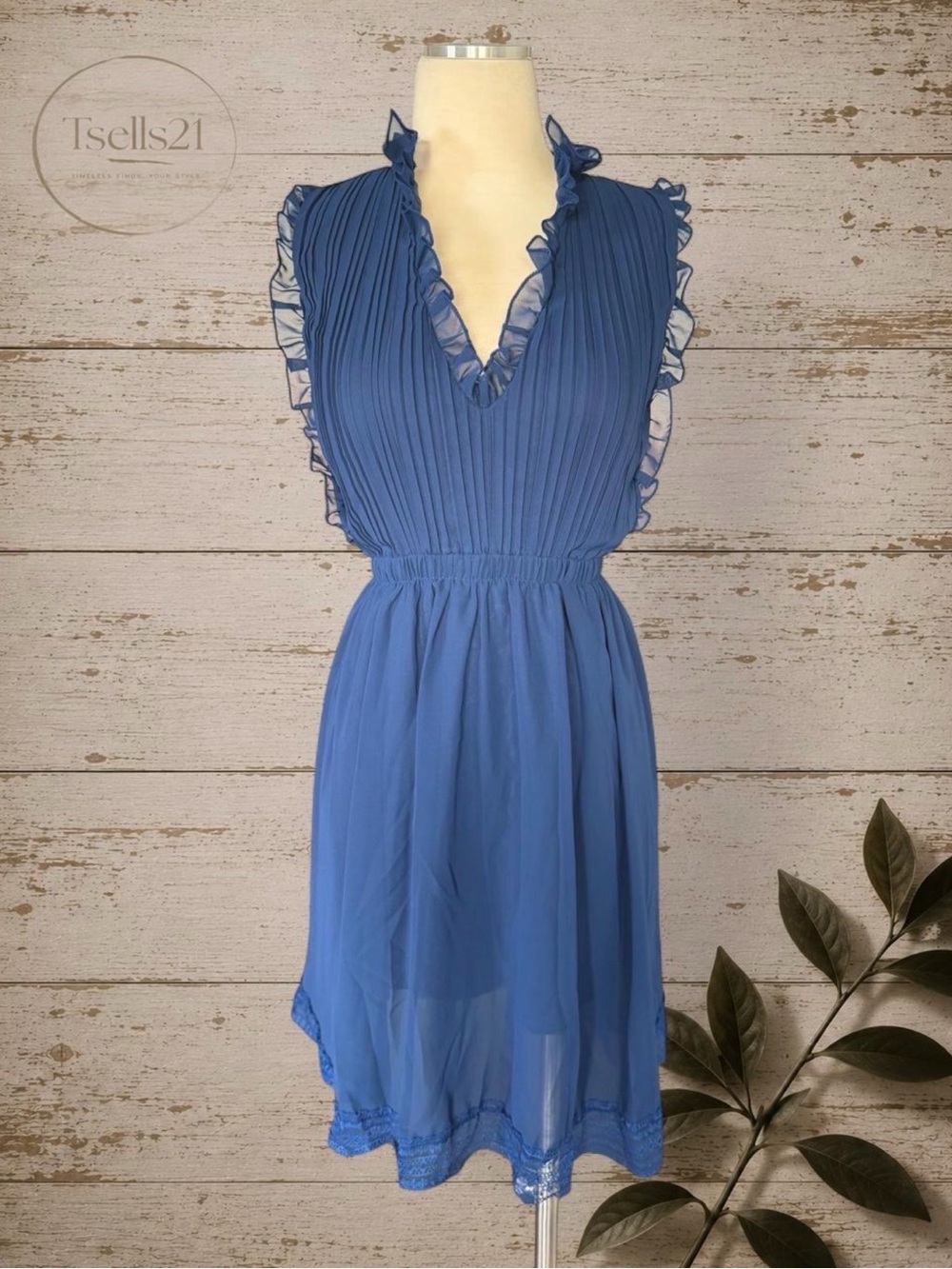 Royal Blue Chiffon Ruffle Lace Trim Romper Mini Dress - Size L